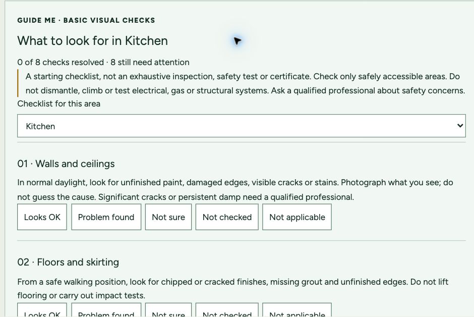 Actual guided-checks screen with kitchen prompts and choices for recording an issue