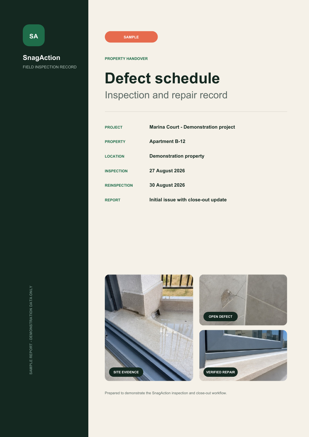 First page of the actual sample PDF, showing the property, inspection record and evidence photographs