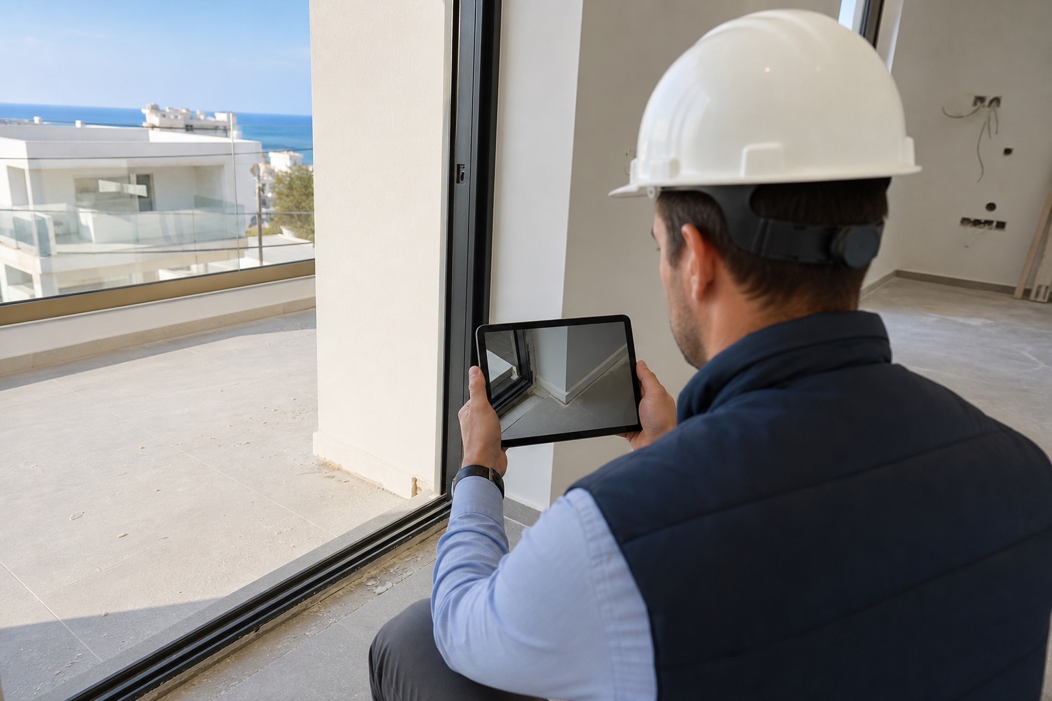 Building inspector documenting a balcony threshold during an apartment inspection