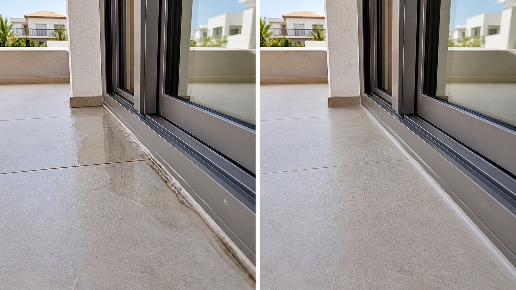 Standing water and incomplete sealant beside a balcony threshold before repair